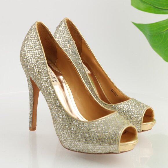 Badgley Mischka Shoes - Badgley Mischka Women Humbie Pump Size 7.5 Gold Glitter Platfrom Heel Dress Shoe